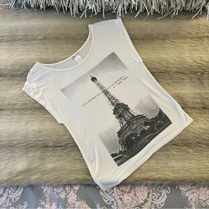 PURPLE SNOW White Eiffel Tower M PARIS Tunic Cap Sleeve Graphic Shirt Stretch